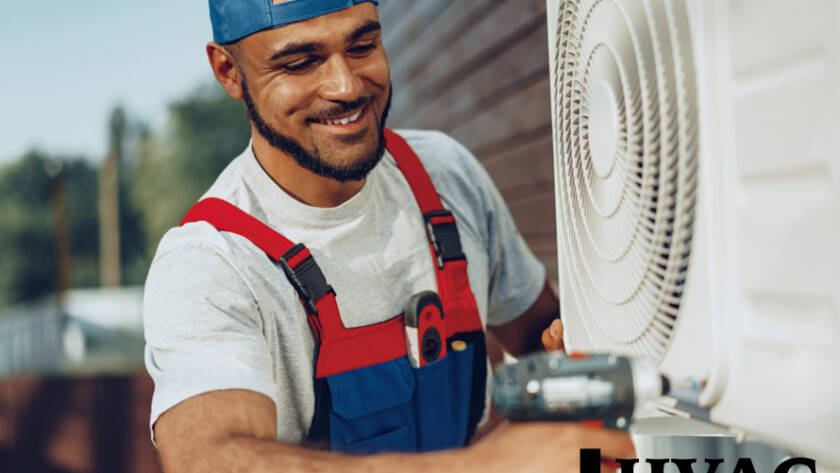 A smiling HVAC technician installing or repairing an outdoor air conditioning unit, with the HVAC Metal Home LLC logo visible.