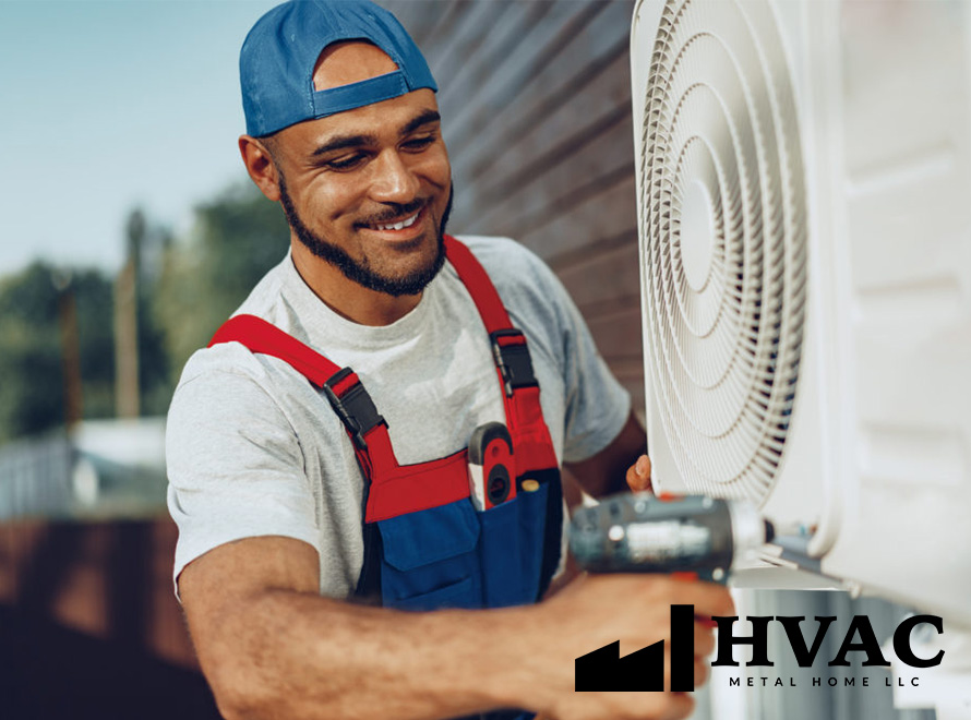 A smiling HVAC technician installing or repairing an outdoor air conditioning unit, with the HVAC Metal Home LLC logo visible.